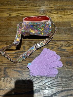 Justice Holographic Crossbody Bag with Pink Exfoliating Gloves